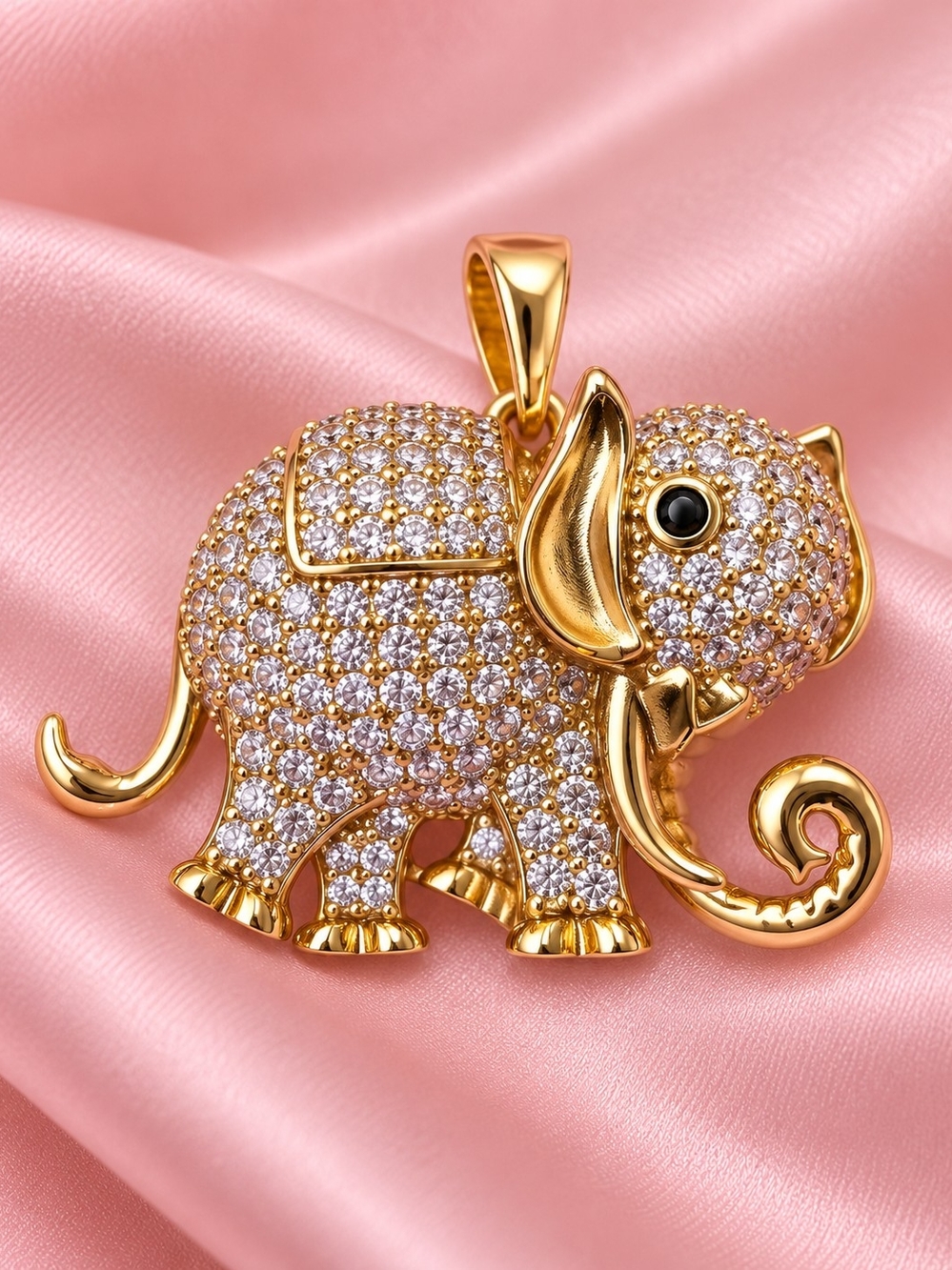14k. Laminated Gold Elephant Crystal Pavé Pendant Necklace